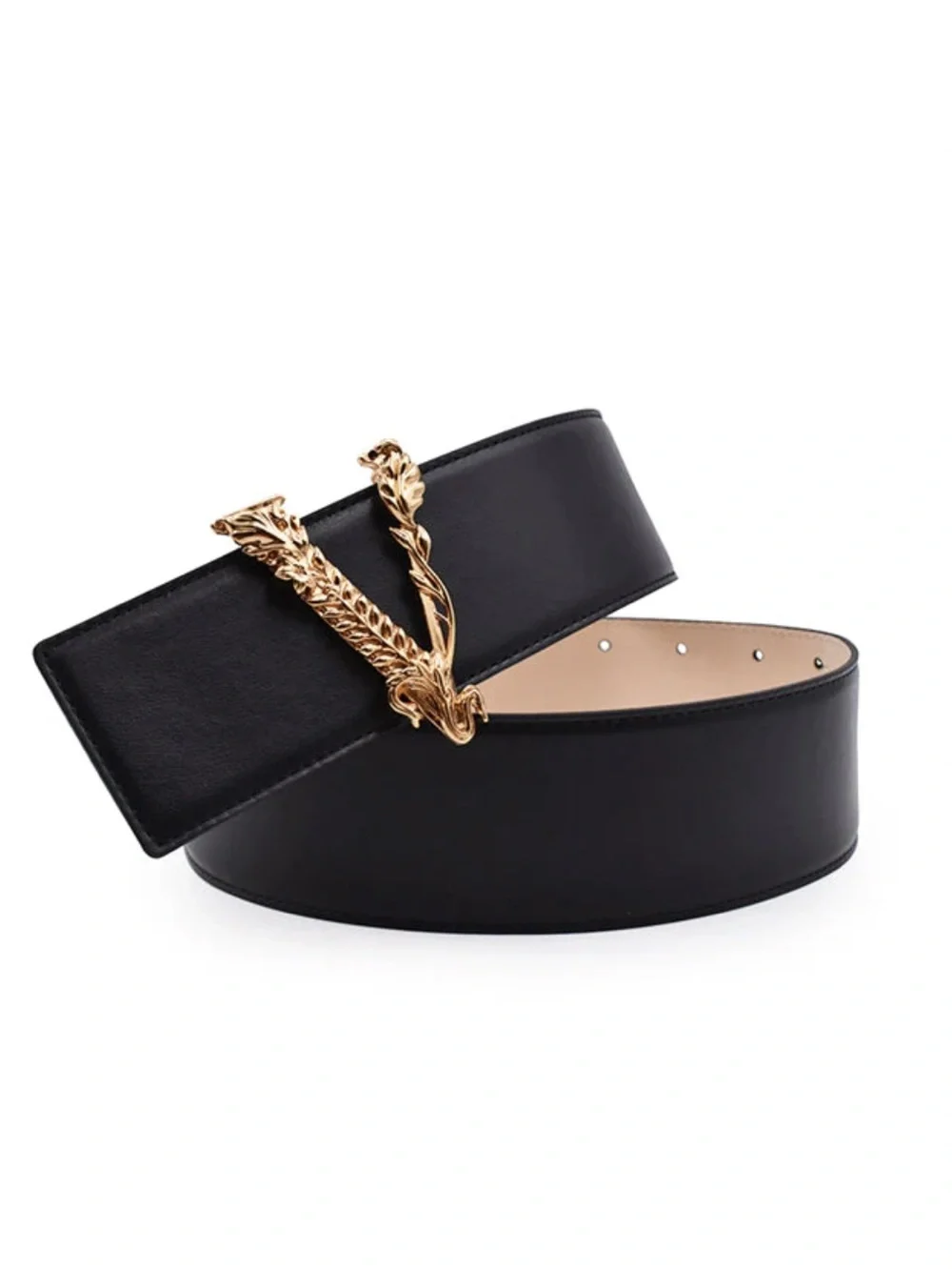 Versace Virtus Black Leather Belt with Gold Buckle